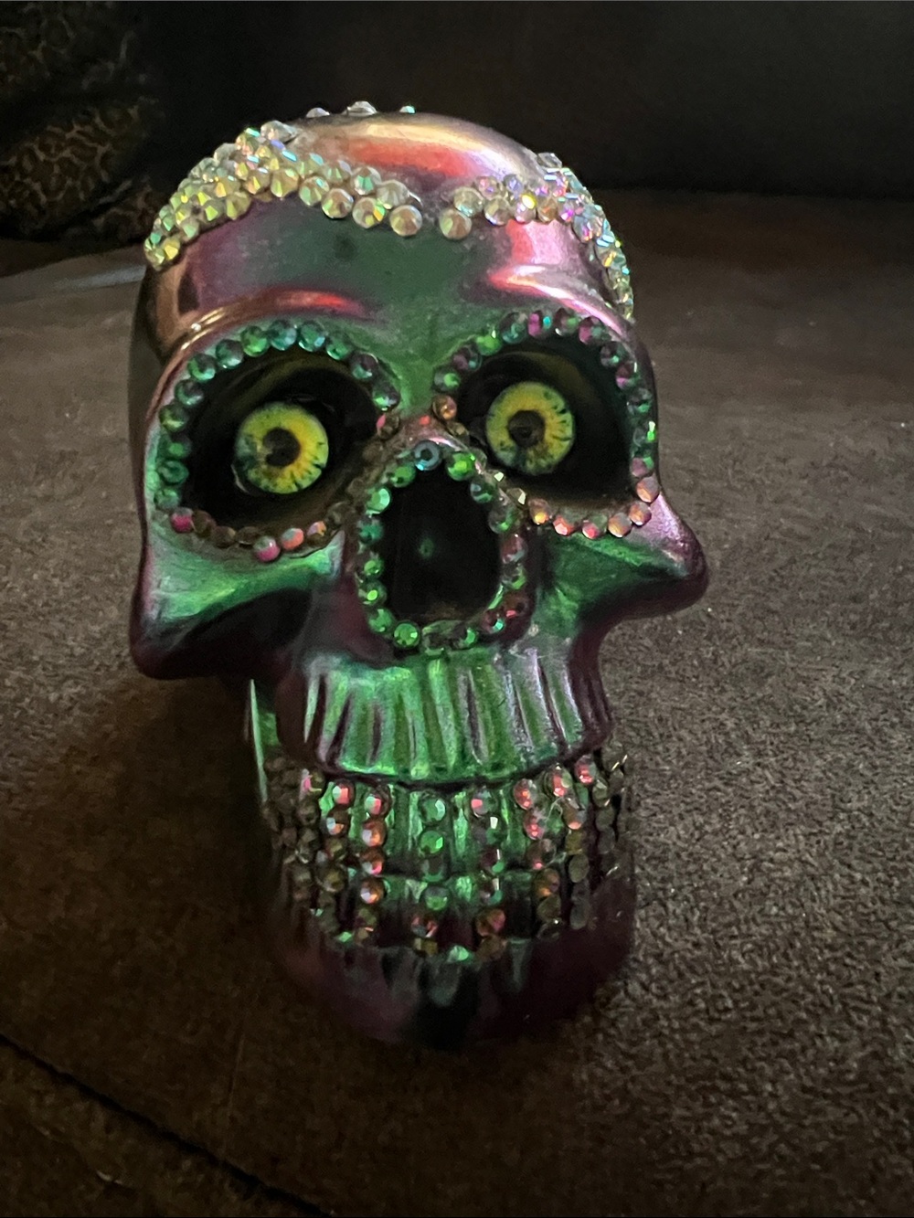 Hand Crafted Iridescent Green and Purple Jeweled Skull Accent